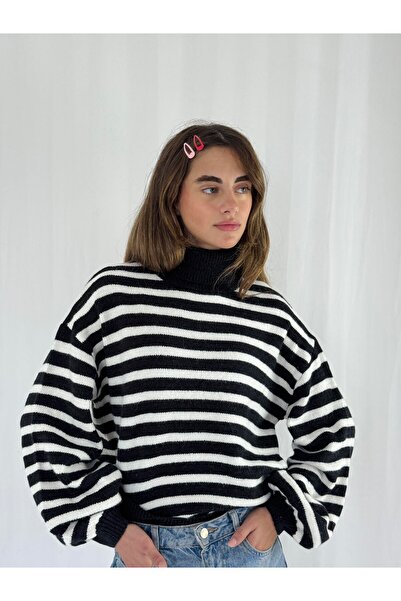 Retrobird Boğazlı Çizgili Kazak Kadın Siyah