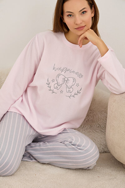 Siyah İnci ροζ γκρι ριγέ φιόγκος Κεντημένο με φλις χειμωνιάτικο πλεκτό σετ πιτζάμες