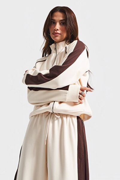 its basic Γυναικείο Σετ Φούτερ από Πλεκτό Ύφασμα σε Χρώμα Εκρού w5-101 με Φλις Πάτο Φούτερ Σετ 2 τεμαχίων Σχέδιο Συνδυασμού