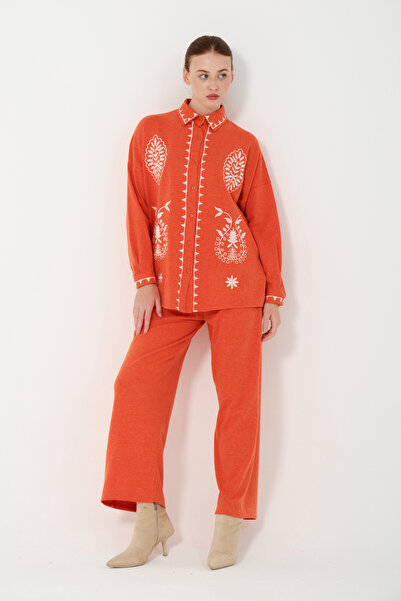 Hatun Atila Embroidered Hera Fabric Double Suit 8564 Orange