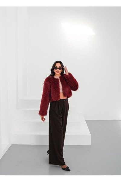 LİNDALİNA TEKSTİL Kadın Oversize Crop Astarlı Ekstra Yumuşak Dolgulu Şık Kürk Ceket
