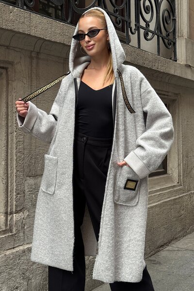 VAGGON Kadın Gri Kapüşonlu Fermuar Kapamalı Torba Cepli Astarsız Kaban Vs01284