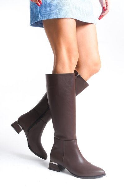 homiro Γυναικείες μπότες με φλατ τακούνι με φερμουάρ - Καφέ