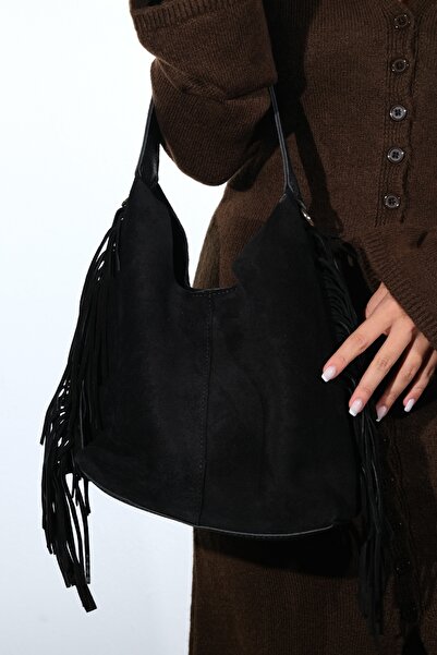 LuviShoes Vals Black Suede Genuine Leather Tassel Women's Shoulder Bag