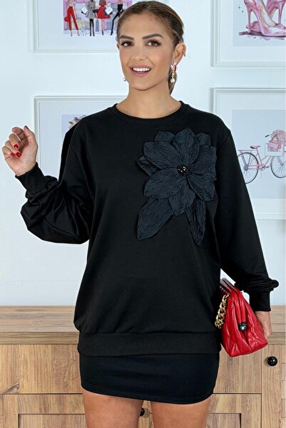 Nevin Kaya Moda Μαύρο μεγάλο φούτερ με λουλούδια