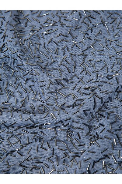 RİVUS Crew Neck Beaded Stone Detailed Long Sleeve Transparent Blouse - Blue