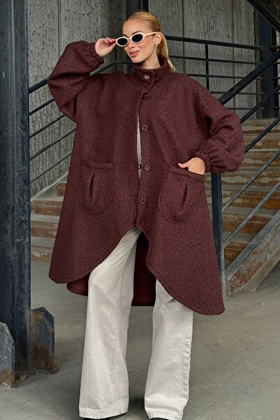VAGGON Women's Burgundy Double Pocket Asymmetrical Cut Button Closure Unlined Coat Vs01285