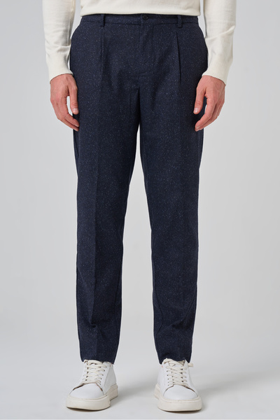 Morven Men's Navy Blue Wool Trend Patterned Slim Fit Trousers