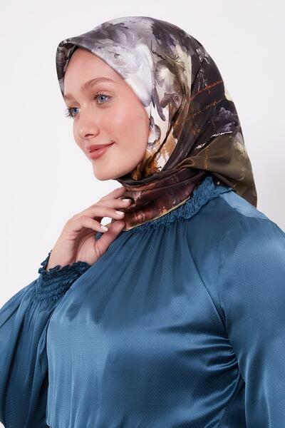 Levidor Μεταξωτό μαντήλι Sura με χακί βιολετί σχέδιο