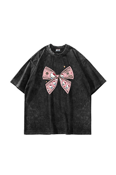 Sekizbiraltı H. Kitty Bow Printed Oversize Unisex Washable Black Tshirt