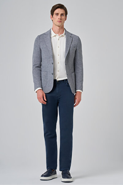 Morven Men's Navy Blue Knitted Trendy Patterned Slim Fit Mono Collar Jacket