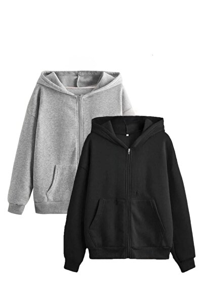 Know 2li Set Siyah Gri Kapüşon Detay Fermuarlı Hırka