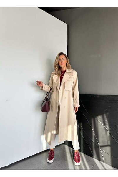 QİMYA BUTİK Egzoti̇k Women's Large Pocket Tok Fabric Classic Trench Coat