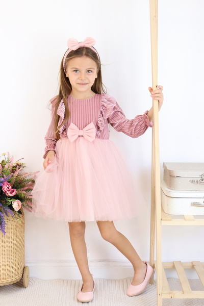 Serkon BABY Bandanalı Kabarık Tütü Arka Büyük Fiyonklu Kadife Bebe Elbise