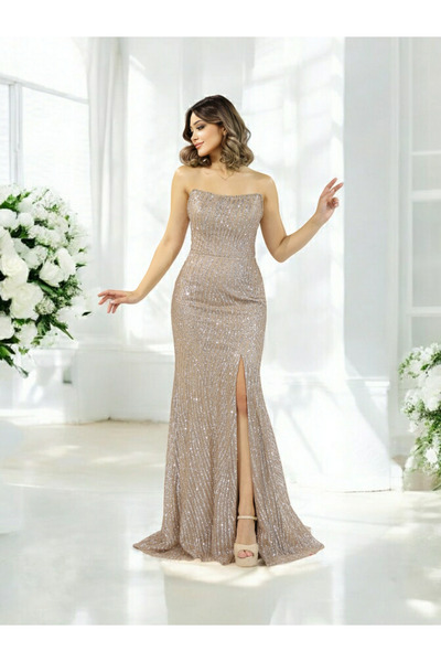 FaBe Fashion STRAPLEZ YAKA SEYYAR APOLETLİ TÜL PELERİNLİ YIRTMAÇLI BONCUKLU ABİYE ELBİSE