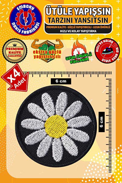 Embory Ütü ile Yapışan Arma Yama, Papatya Çiçek (4 ADET) Ütüyle Yapışan Nakış...