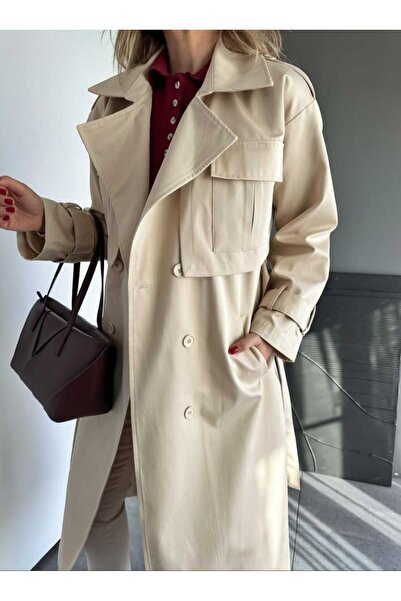QİMYA BUTİK Egzoti̇k Women's Large Pocket Tok Fabric Classic Trench Coat