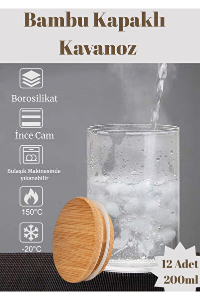 Flash Bazaar Bambu Kapaklı Vakumlu Borosilikat Cam Kavanoz 12 Adet 8 cm X 6,5 Cm 200 ml