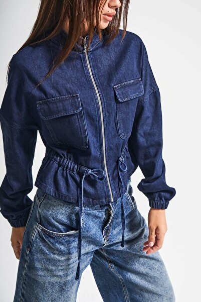 its basic Жіноча темно-синя куртка 7w5-50 Oversize з великим поясом, з віскозної тканини, джинсова сорочка