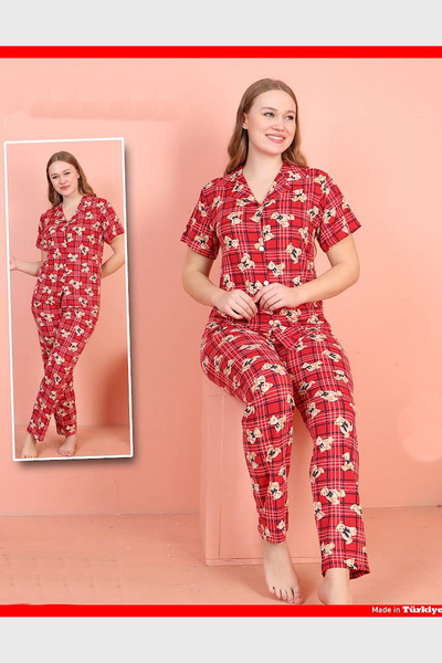 nasbina Women's Plaid Teddy Bear Pattern Buttoned Pajama Set