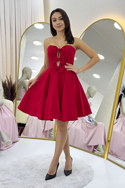 zks grup tekstil Women's Red Short Strapless Bow Detail Evening Dress