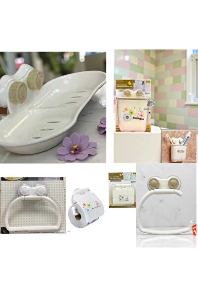 ÇEÇEN HOME 5'li Set Vantuzlu Banyo Sabunluk + Havluluk + Tuvalet Kağıtlık + A...