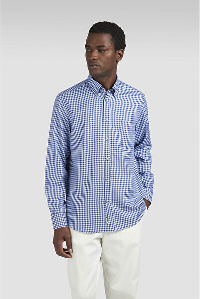 PAUL&SHARK Men's Regular Fit 100% Cotton Checkered Long Sleeve White-Blue Shirt 15313048-S67