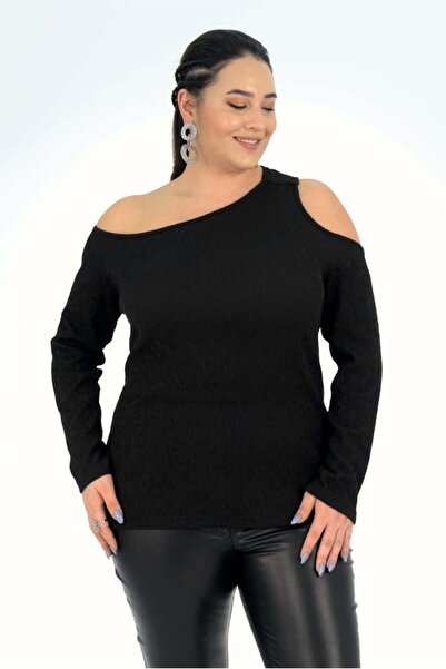 Roxxlen 333072 Women's Plus Size Boat Neck Off-The-Shoulder Blouse Black