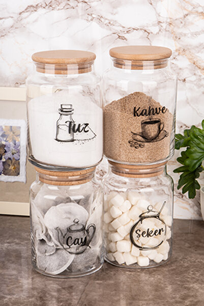 Minya Home 4 Adet 800 ml Ahşap Vakum Kapaklı Cam Kavanoz Seti Çay Şeker Kahve Tuz Saklama Kabı Etiketli