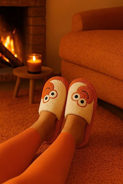 BellaPiede Sevimli Yüz Desenli Peluş Kadın Ev Terliği – Turuncu, Kaymaz Taban, Kışlık Sıcak Tutucu