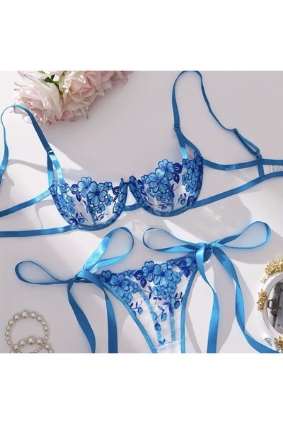 Accessories Set de lenjerie intimă pentru femei Hei, albastru strălucitor, cu model floral, cu legături cu panglică