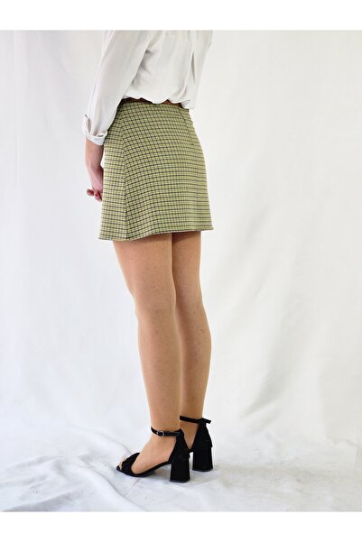 YAXİ High Waist Green Checked Woven Fabric Mini A-Line Skirt with Belt