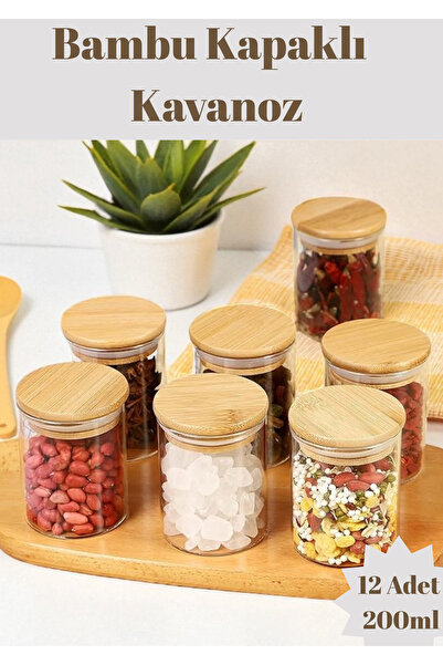 Flash Bazaar Bambu Kapaklı Vakumlu Borosilikat Cam Kavanoz 12 Adet 8 cm X 6,5 Cm 200 ml