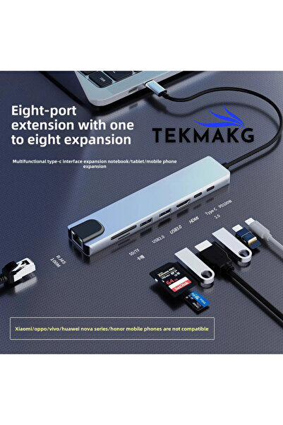 8in1 USB C Hub | 4K HDTV PD 100W Gigabit RJ45 SD TF | MacBook Pro Air Compatible Multiplexer