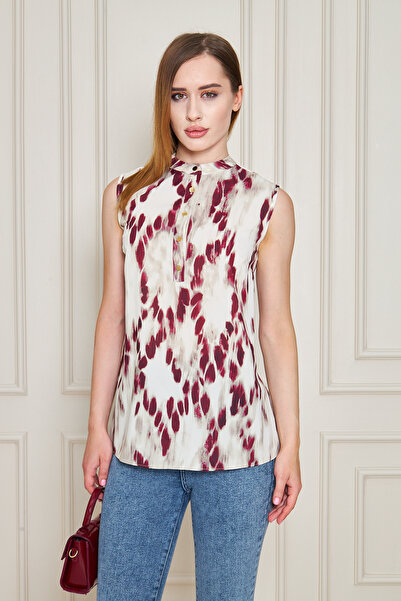 UNIQUE LADY بلوزة نسائية بدون أكمام بياقة حكيم - بنمط تجريدي وتفاصيل أزرار