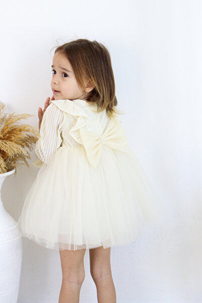 Serkon BABY Striped Velvet Back Big Bow Detail Tutu Puffy Girl's Dress