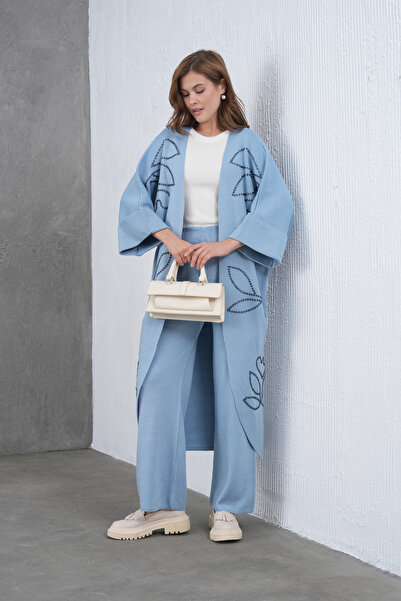 Miss Allos Women's Beaded Wide-Fit Knitwear Cardigan and Pants Bottom-Top Set