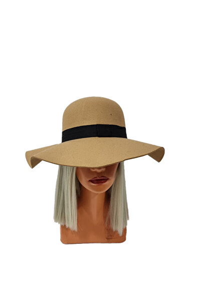 FashionForYou Palarie dama My Way camel, cu bor lat si banda neagra, Palarie