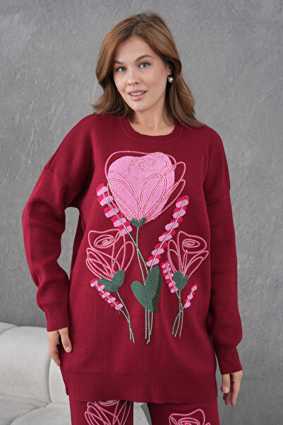 Miss Allos Women's Beaded and Embroidered Wide-Fit Knitwear Sweater and Pants Top and Bottom Set