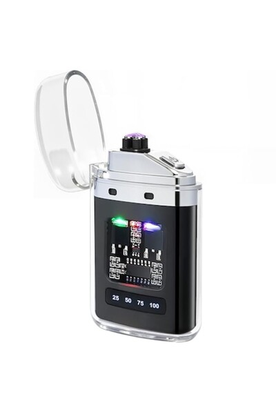 OptimStar Brichetă electrică, reîncărcabilă, cablu USB, arc electric, afișaj LED pentru baterie, rezistentă la vânt, neagră