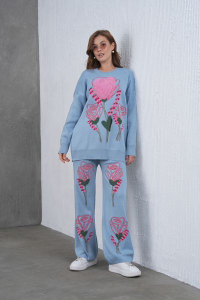 Miss Allos Women's Beaded and Embroidered Wide-Fit Knitwear Sweater and Pants Top and Bottom Set