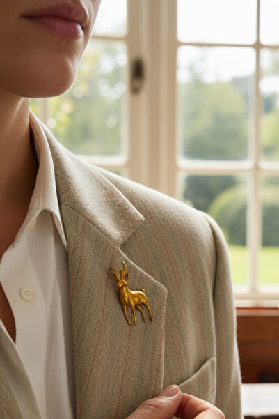 Trend aksesuar Geyik Figürlü Koyu Altın Sarı Metal Broş