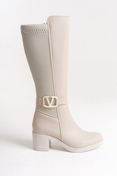 DORA Beige Leather Look Stretchy Back Flexible Thick Medium High Heeled V Metal Detail Zippered Long Boots