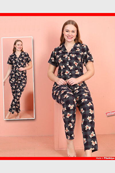 nasbina طقم بيجامة نسائية منقوشة بنمط دمية الدب مع أزرار