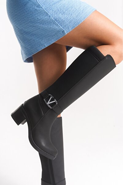 DORA Black Leather Look Stretch Back Flexible Thick Medium High Heel V Metal Detail Zippered Long Boots