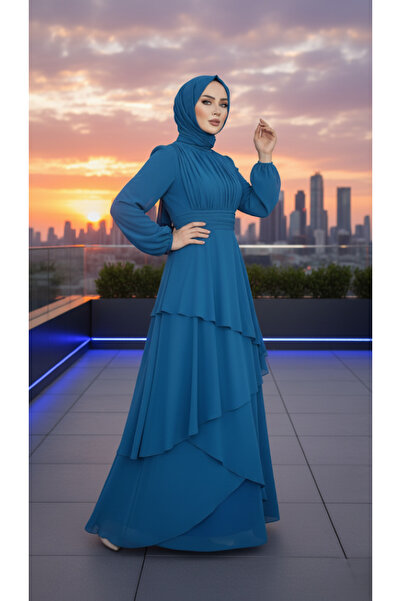 ALA MİRA Volanlı Pliseli Petrol Mavisi Tesettür Abiye Elbise ALM52046PM