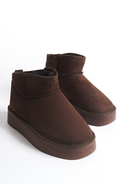 innsteal Mini Acı Kahverengi Süet Yarım Bot İçi Tüylü Düz Taban Kadın Ayakkabı