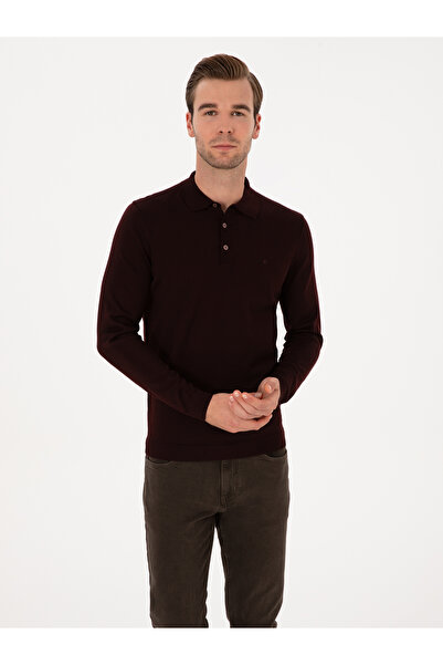 Cacharel Bordo Slim Fit Yün Karışımlı Polo Yaka Basic Triko Kazak 50315267-VR014
