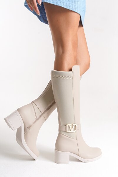 DORA Beige Leather Look Stretchy Back Flexible Thick Medium High Heeled V Metal Detail Zippered Long Boots