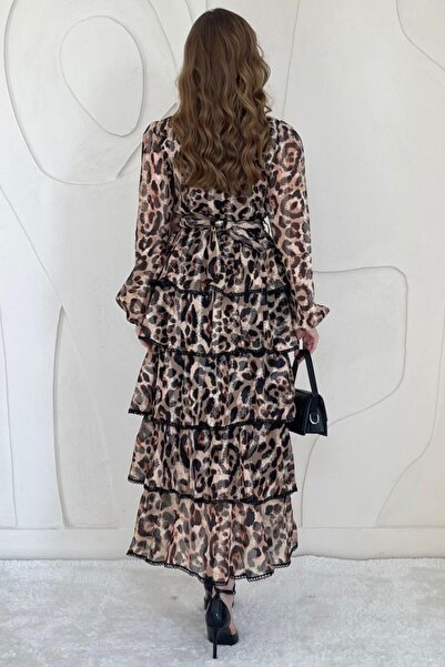 Elbee Fashion Woman Leopar Desenli Volanlı Şifon Elbise